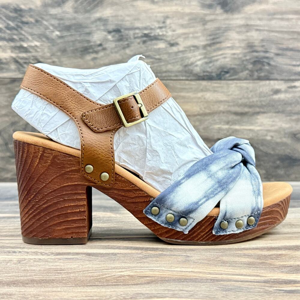 NEW Korks Kork Ease Natalia 7M Knot Clog Sandal Tan Blue Denim PU Tie Dye Combo - Picture 5 of 11